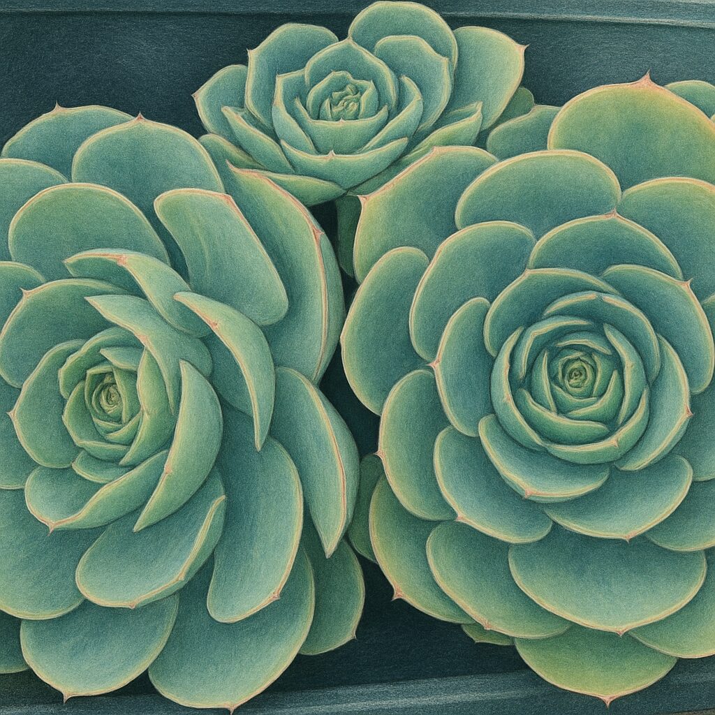 鉢に植えられた3株のエケベリアを並列に描いた美しい多肉植物イラスト