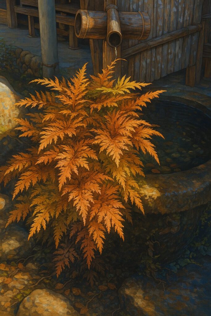 イワヒバの紅葉した葉をリアルに描いたイラスト、光沢感のある質感と繊細な葉の重なりが美しい作品