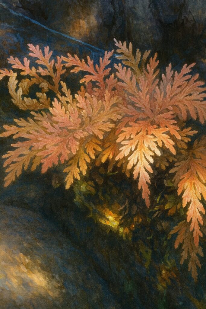 水辺にたたずむイワヒバを写実的に描いた植物画、秋の光と影が織りなす静かな情景が特徴