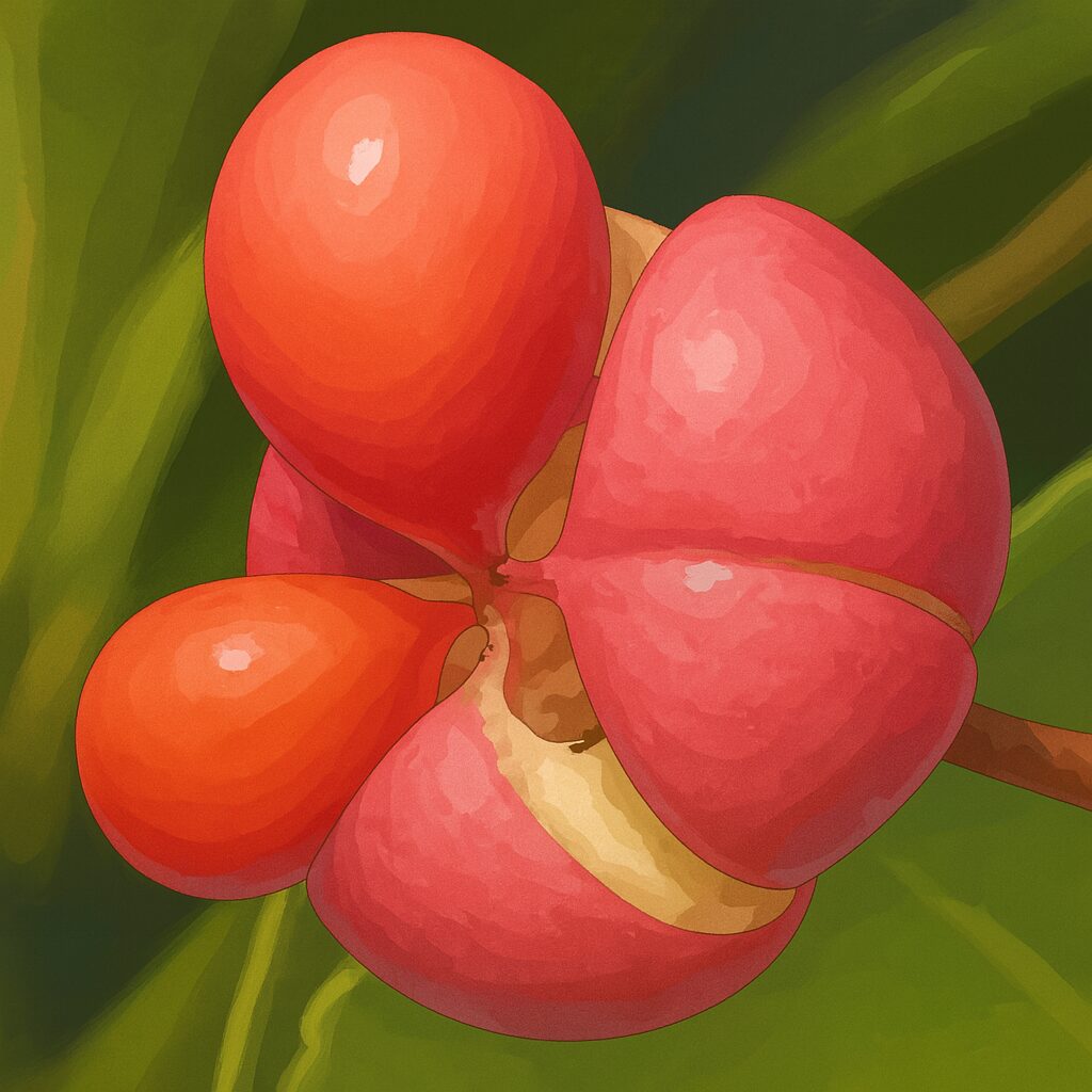 マサキの果実が割れてオレンジの種子が覗くリアルなイラスト
