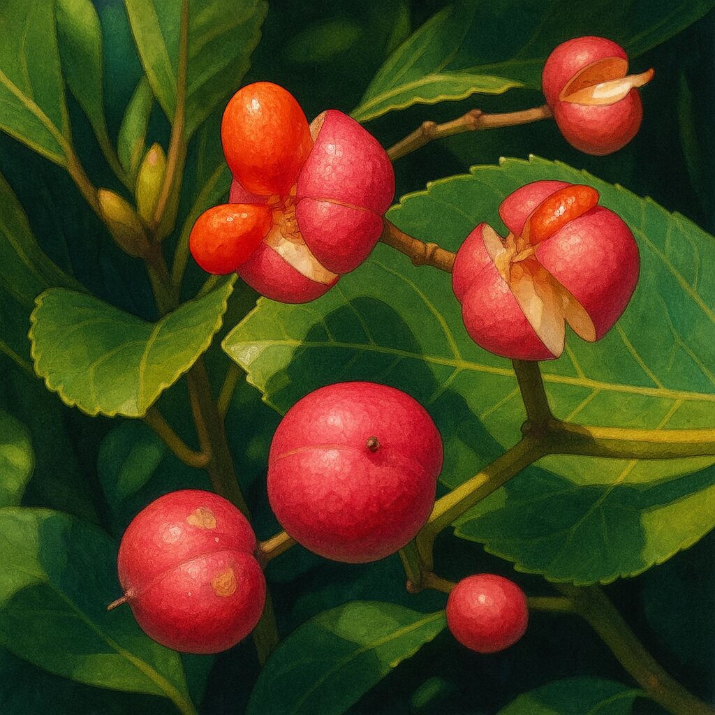 マサキの実と葉の質感が詳細に描かれたボタニカルイラスト