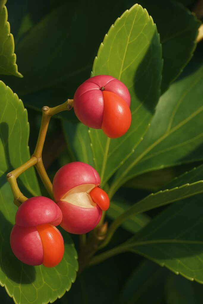 ひとつの果実から種が出かかっているマサキの丁寧な植物イラスト