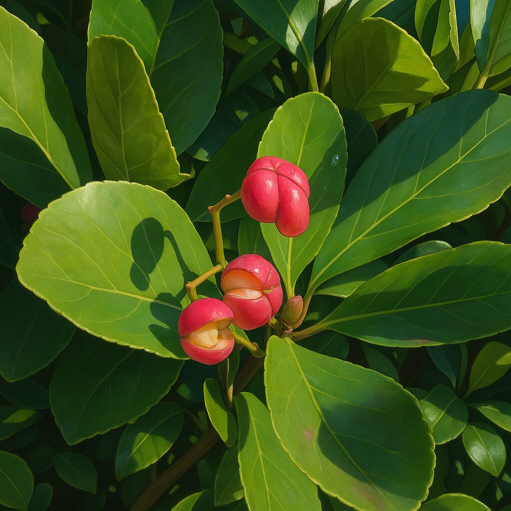 房状に実ったマサキと葉の重なりを表現した自然風イラスト