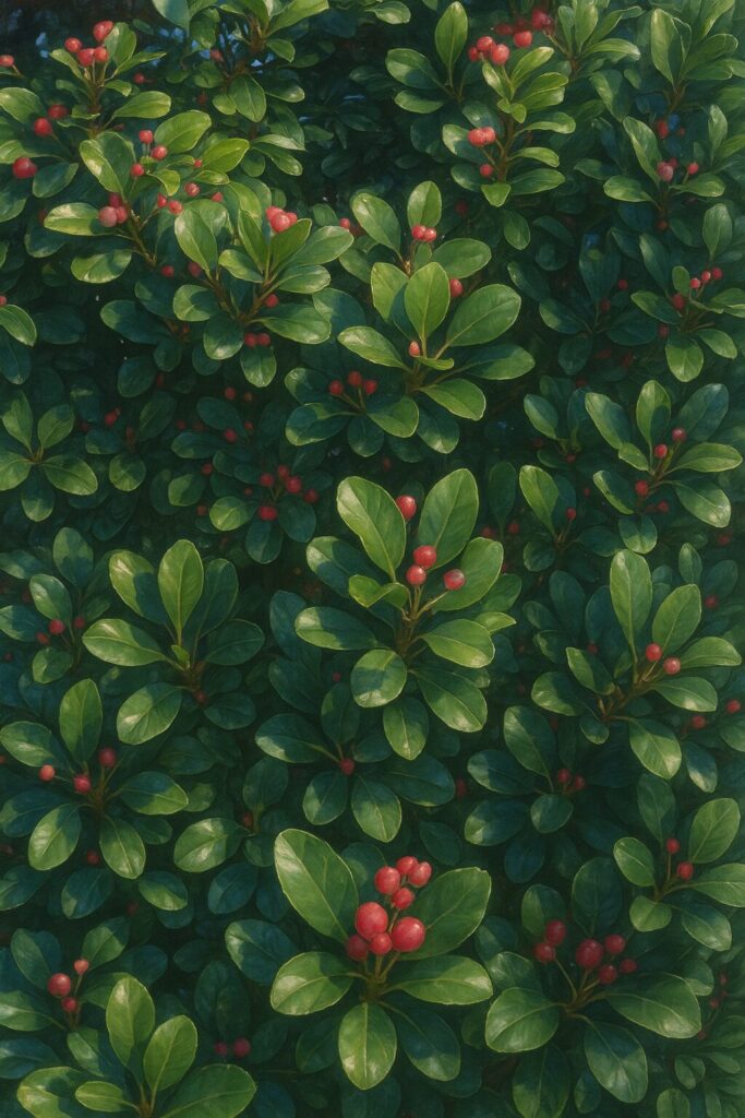 密集するマサキの生垣を俯瞰的に描いた鮮やかな植物イラスト