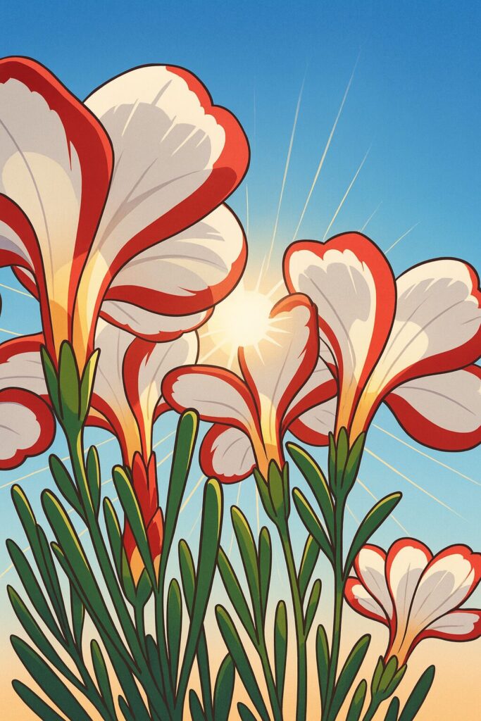 逆光の光を浴びる白と赤のオキザリスを描いた幻想的なイラスト