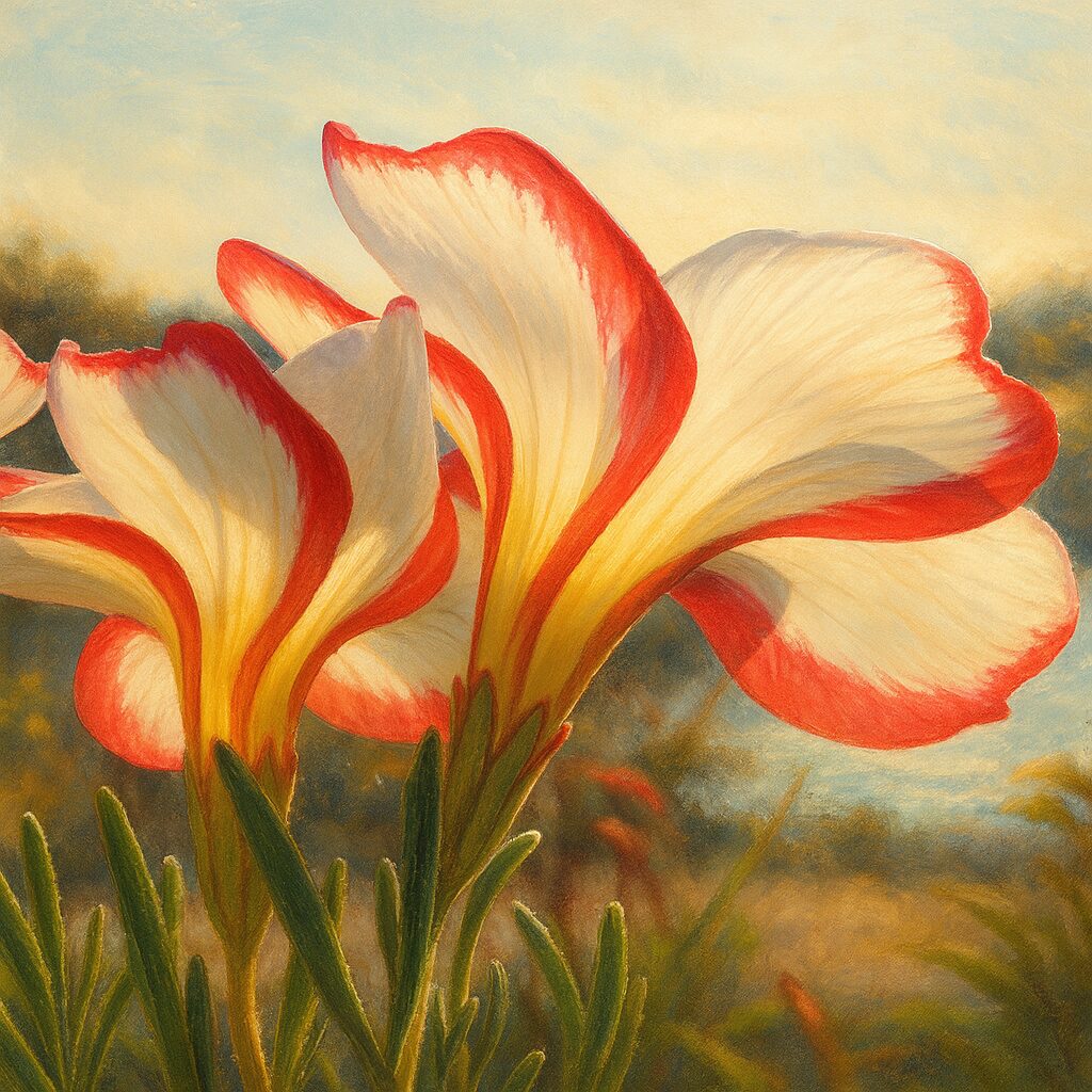 朝の光を受けて咲く白赤オキザリスのリアルなイラストレーション