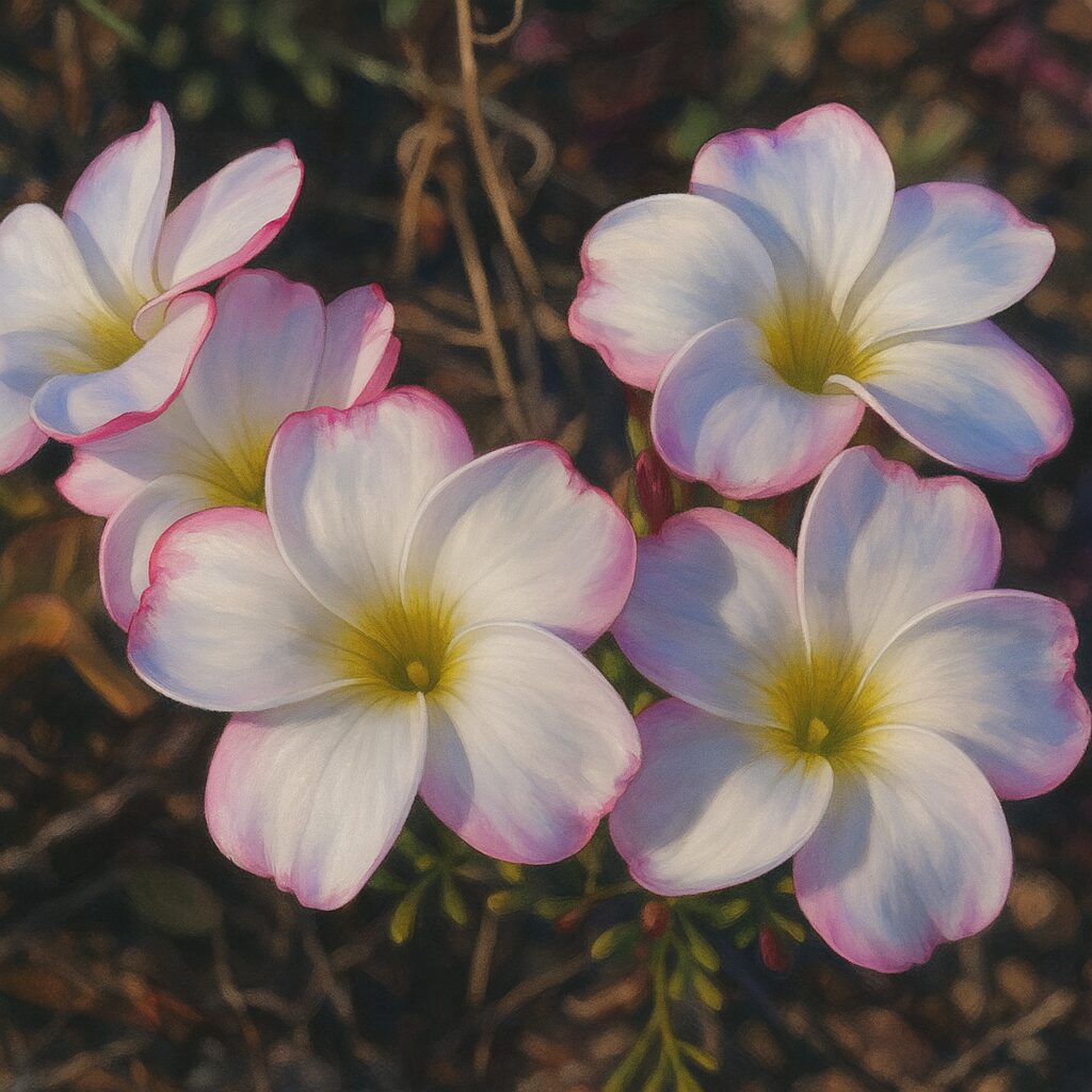 5輪の白いオキザリスがバランスよく並ぶ美しい構図のイラスト