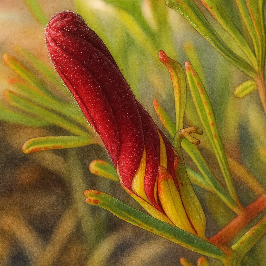 赤く閉じたオキザリスのつぼみを精密に描いたリアルな植物イラスト