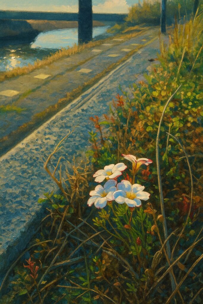 川沿いに咲く小さなオキザリスの花を風景とともに描いた情景イラスト