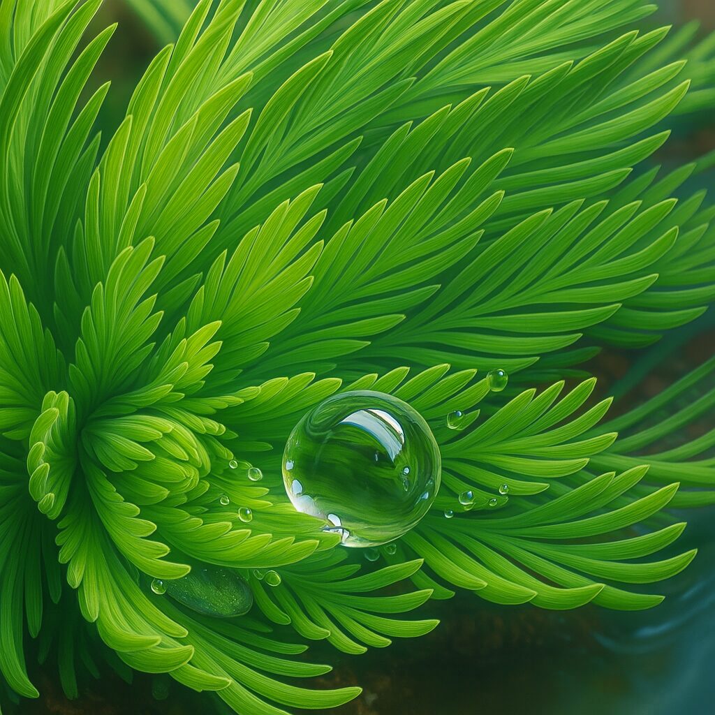 水滴を乗せたリアルなオオフサモのマクロイラスト