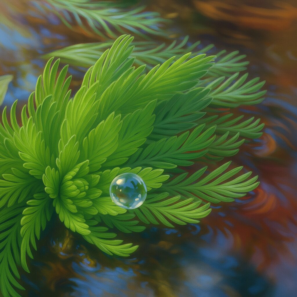 水辺に群生するオオフサモを描いた写実的な自然風景イラスト