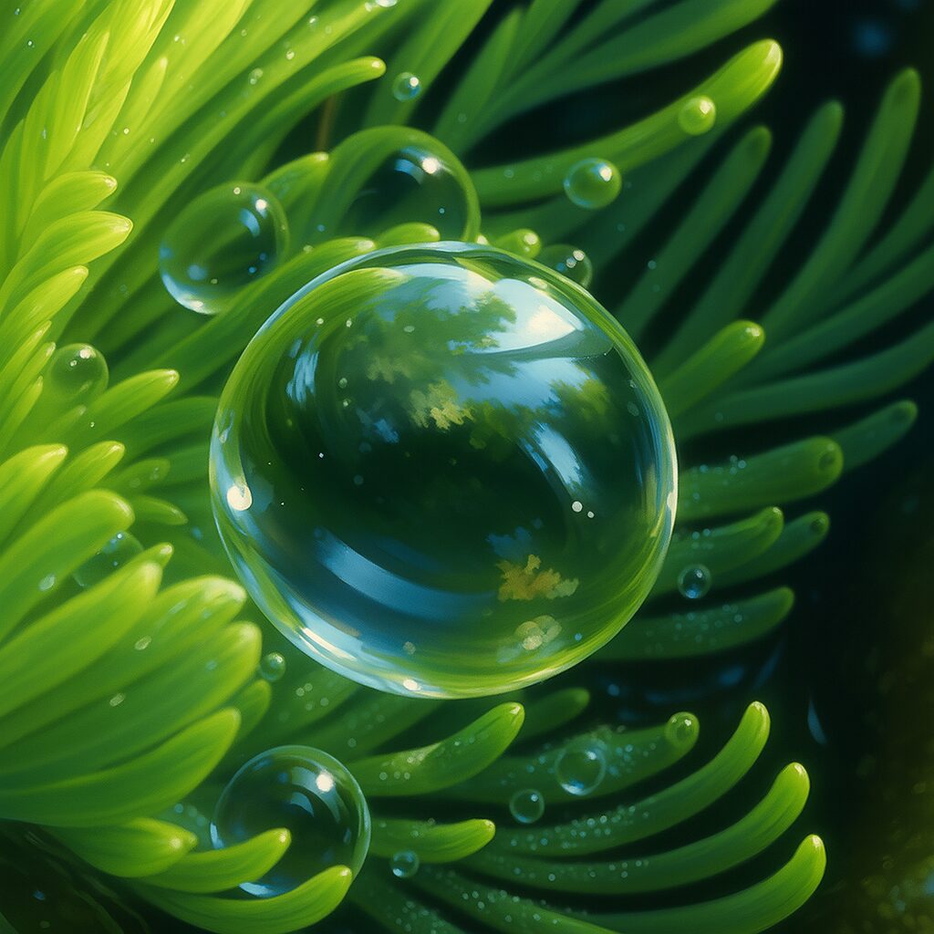 拡大された水滴とオオフサモの葉を繊細に表現したリアルイラスト