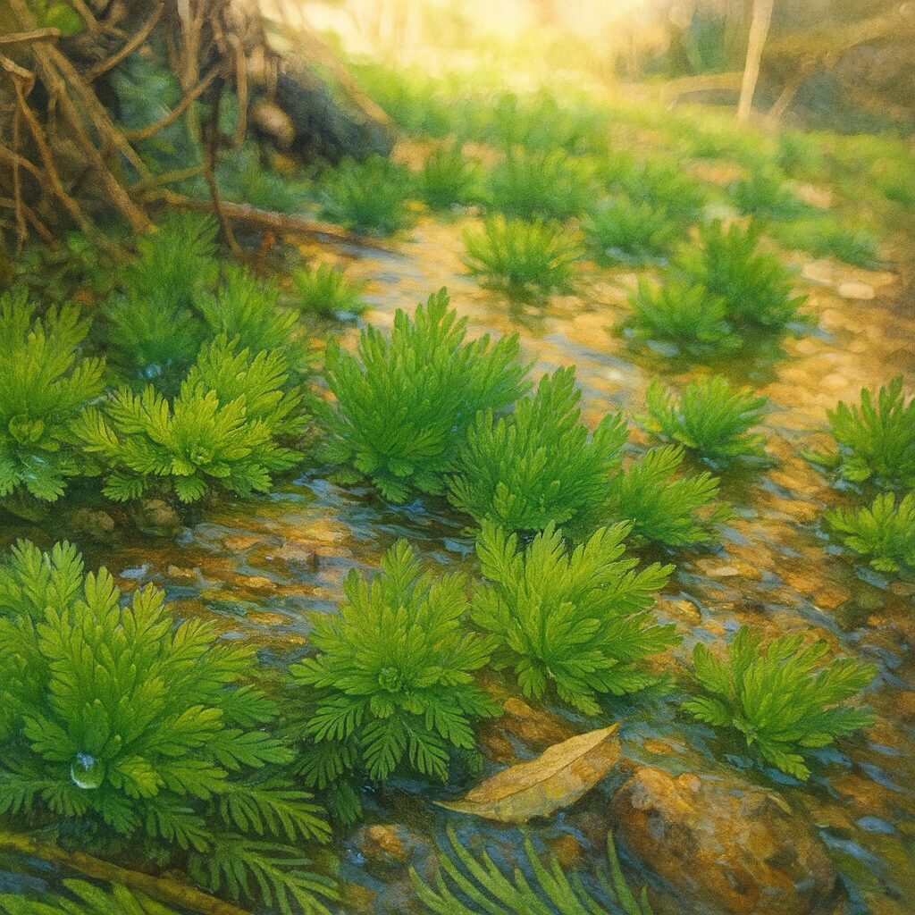 浅瀬に広がるオオフサモと水の流れを描いた自然のイラスト作品