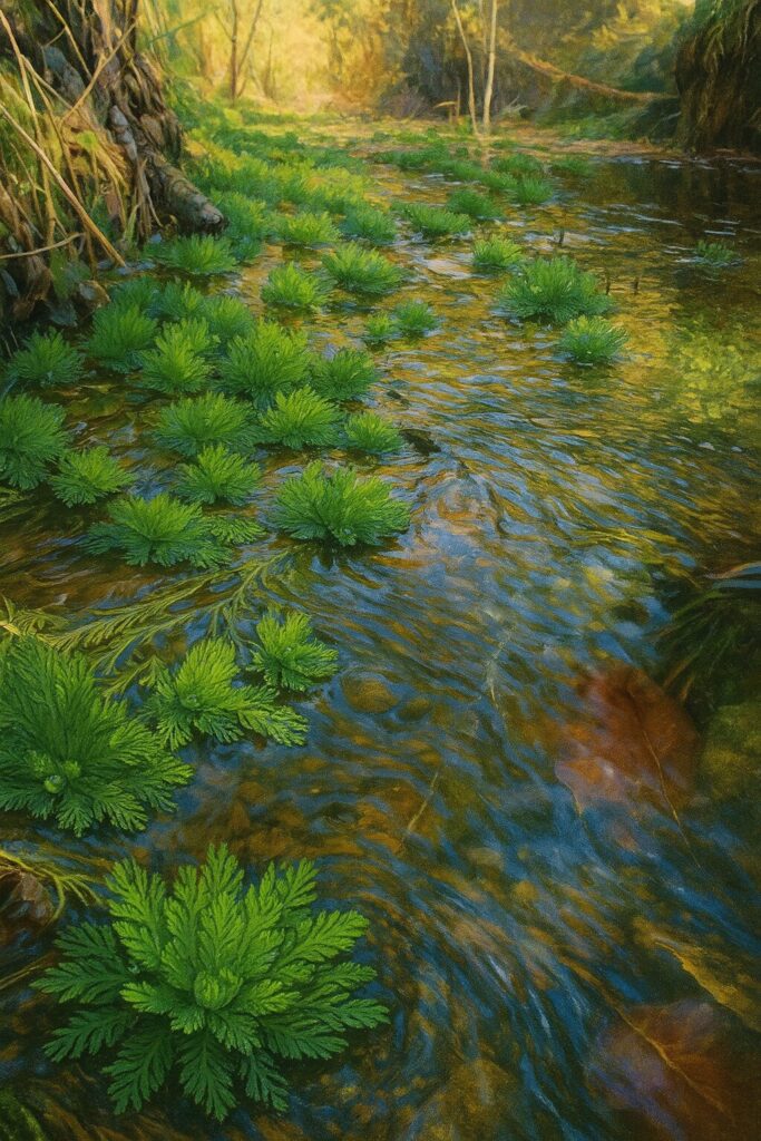 清流に浮かぶオオフサモの群生を描いた風景イラスト