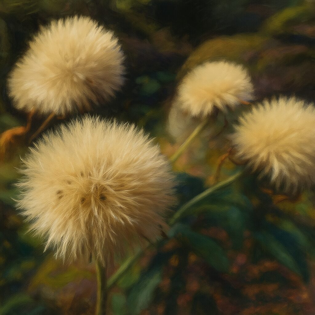 複数の綿毛をリアルに再現したツワブキの群生イラスト