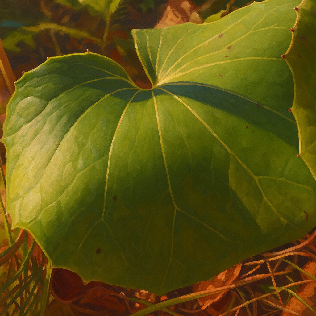 秋の林床を背景にしたツワブキの葉の自然風イラスト