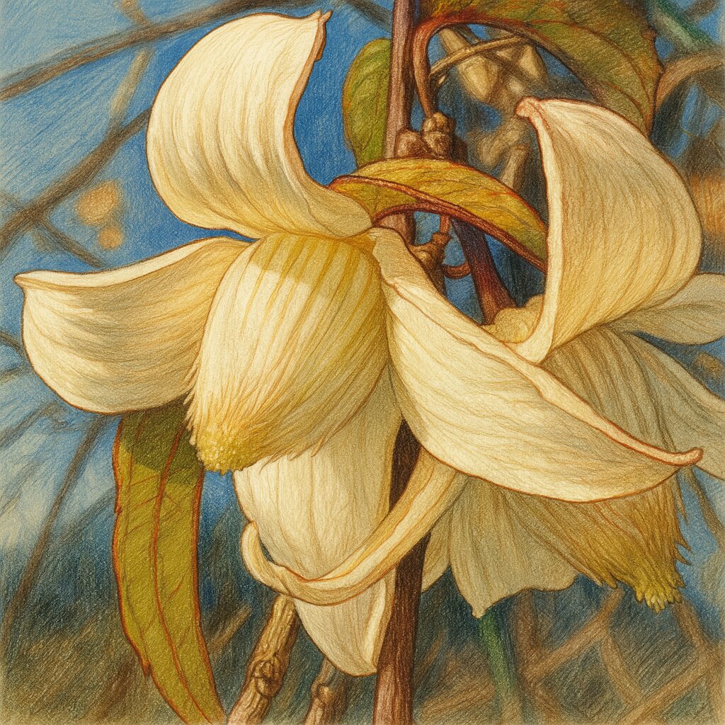 水彩風に描かれた白いクレマチスの花と青空のボタニカルアート