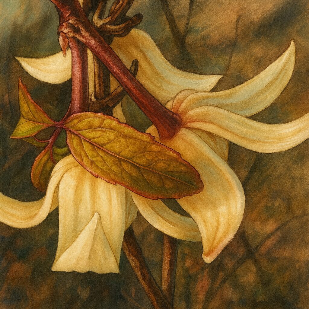 リアルに描かれたクレマチスの花と葉のクラシックな植物画
