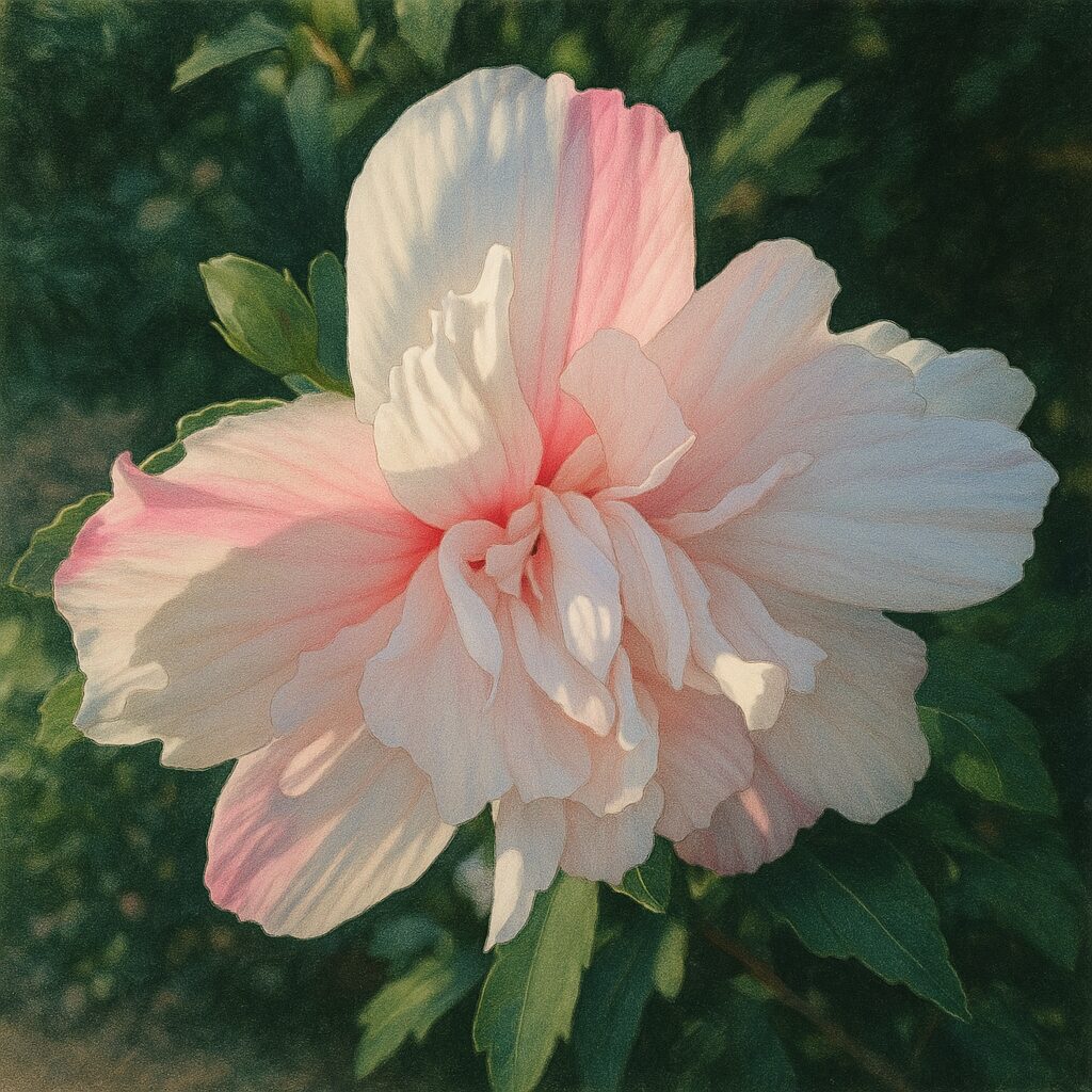 ピンクの筋が入ったムクゲの花を正面から描いたイラスト