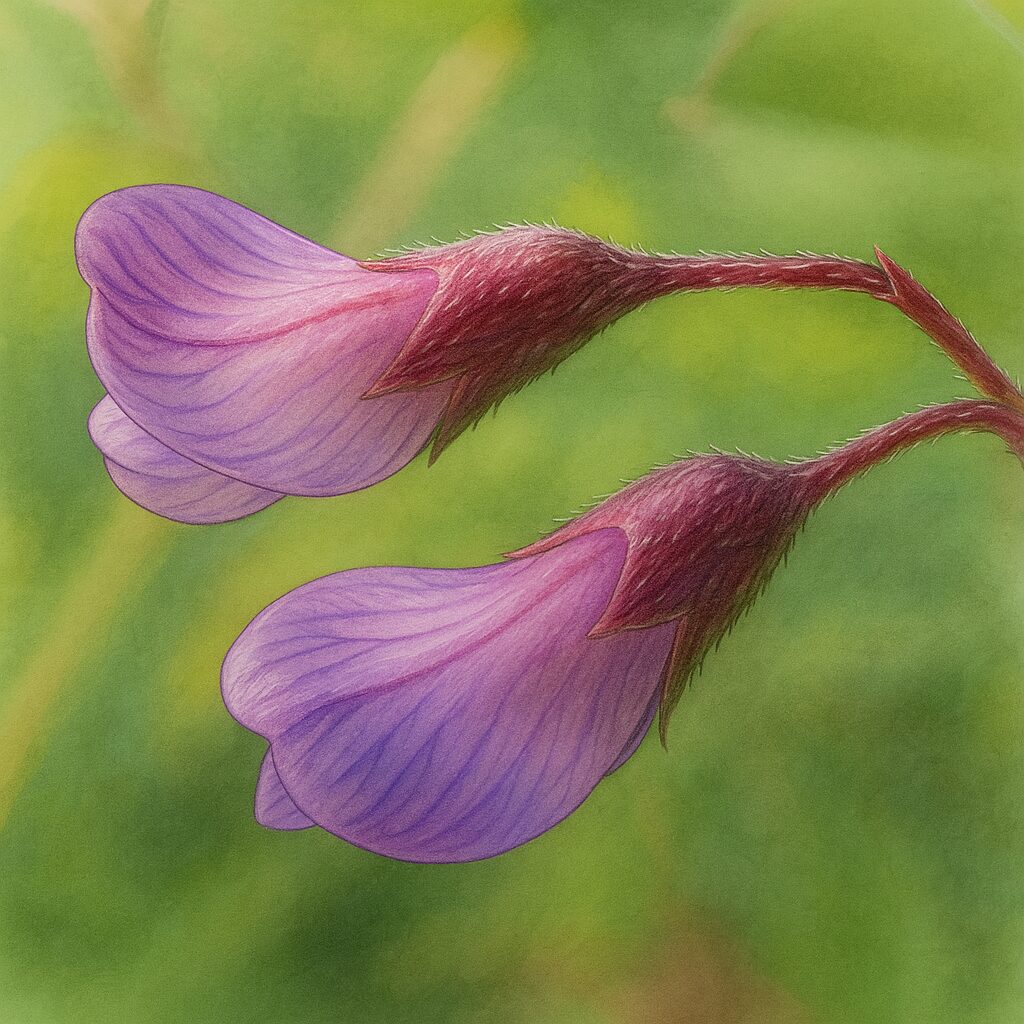 ヤハズエンドウの花をリアルに描いたボタニカルイラスト。紫の花びらに筋模様が入り、細い茎と背景の緑が柔らかく表現されている。