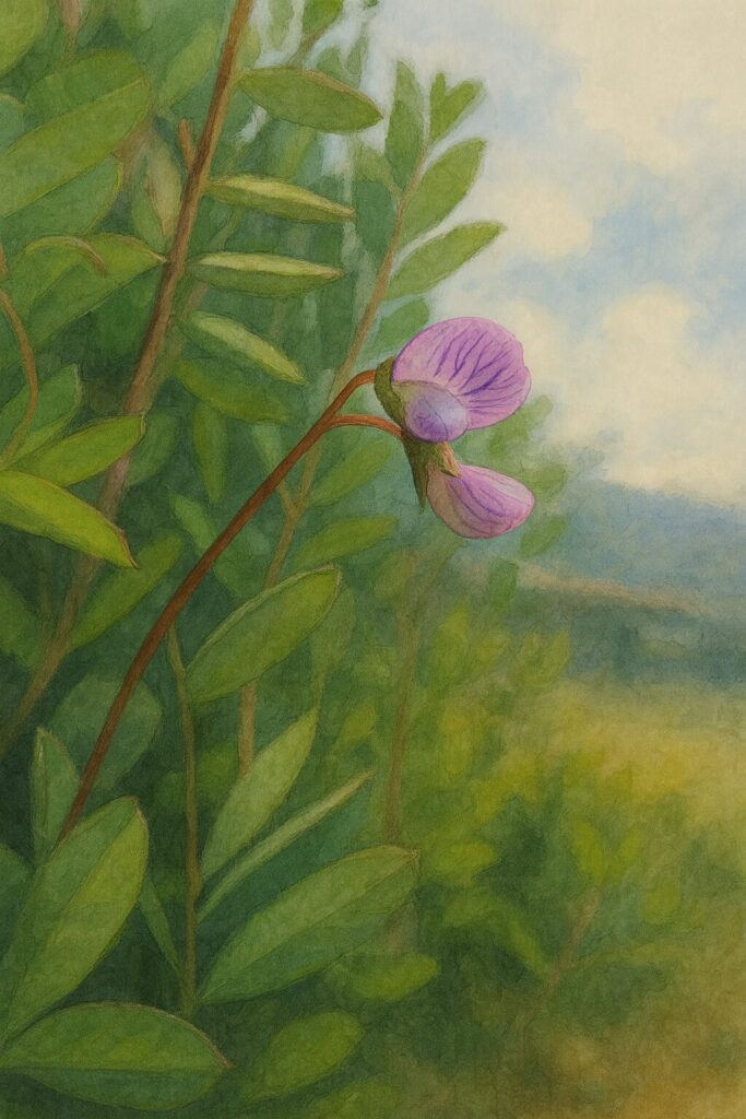 ヤハズエンドウの花と葉を描いた自然風景調の植物イラスト。斜めに伸びる茎に2輪の紫の花が咲き、背景には空とぼかされた野原が描かれている。