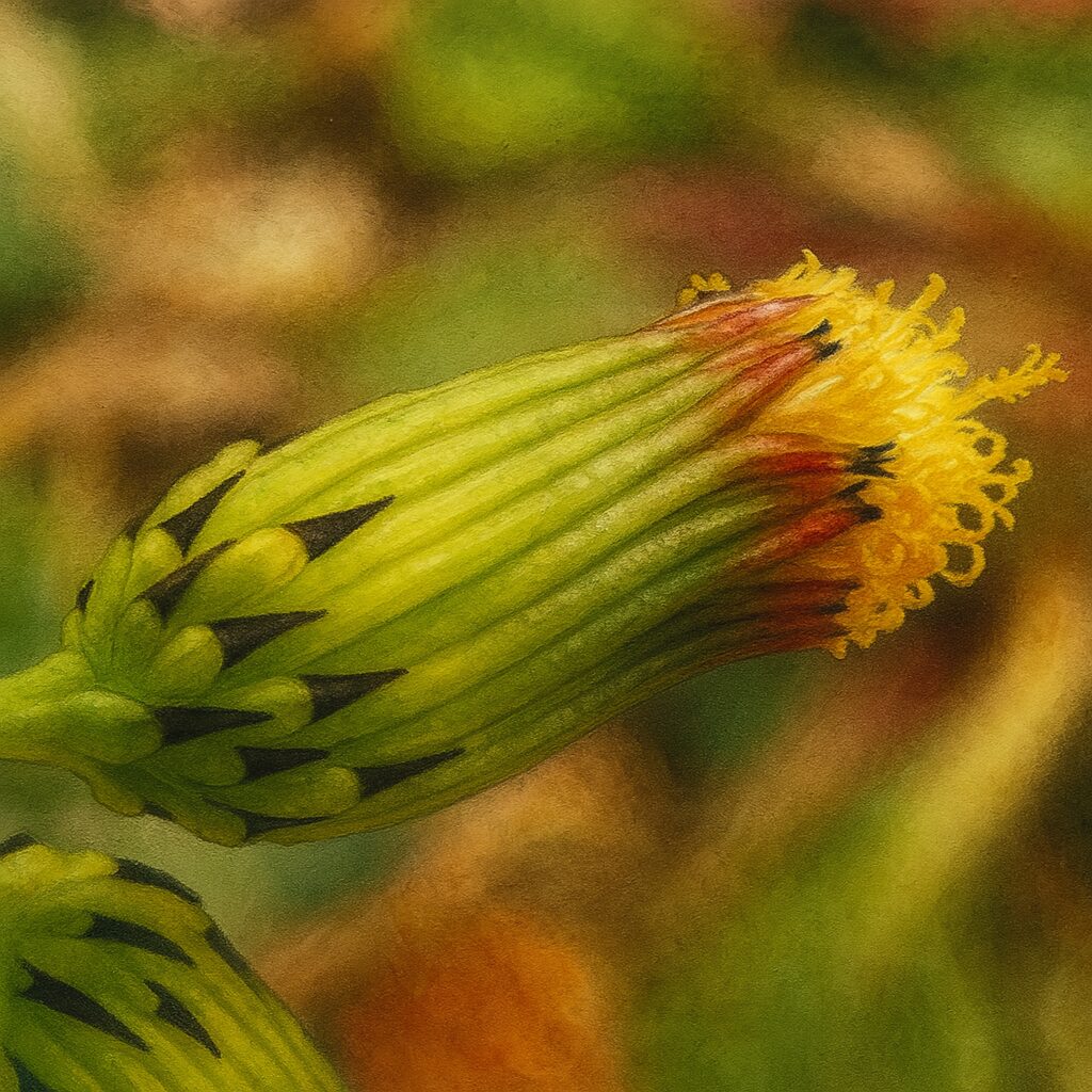 ノボロギクのつぼみをリアルに描いたイラスト。黄緑の総苞片と黒い模様が際立つ。