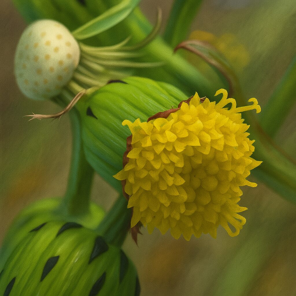 花が咲いたノボロギクの中心部を強調したイラスト。細かな黄色の筒状花が密集。