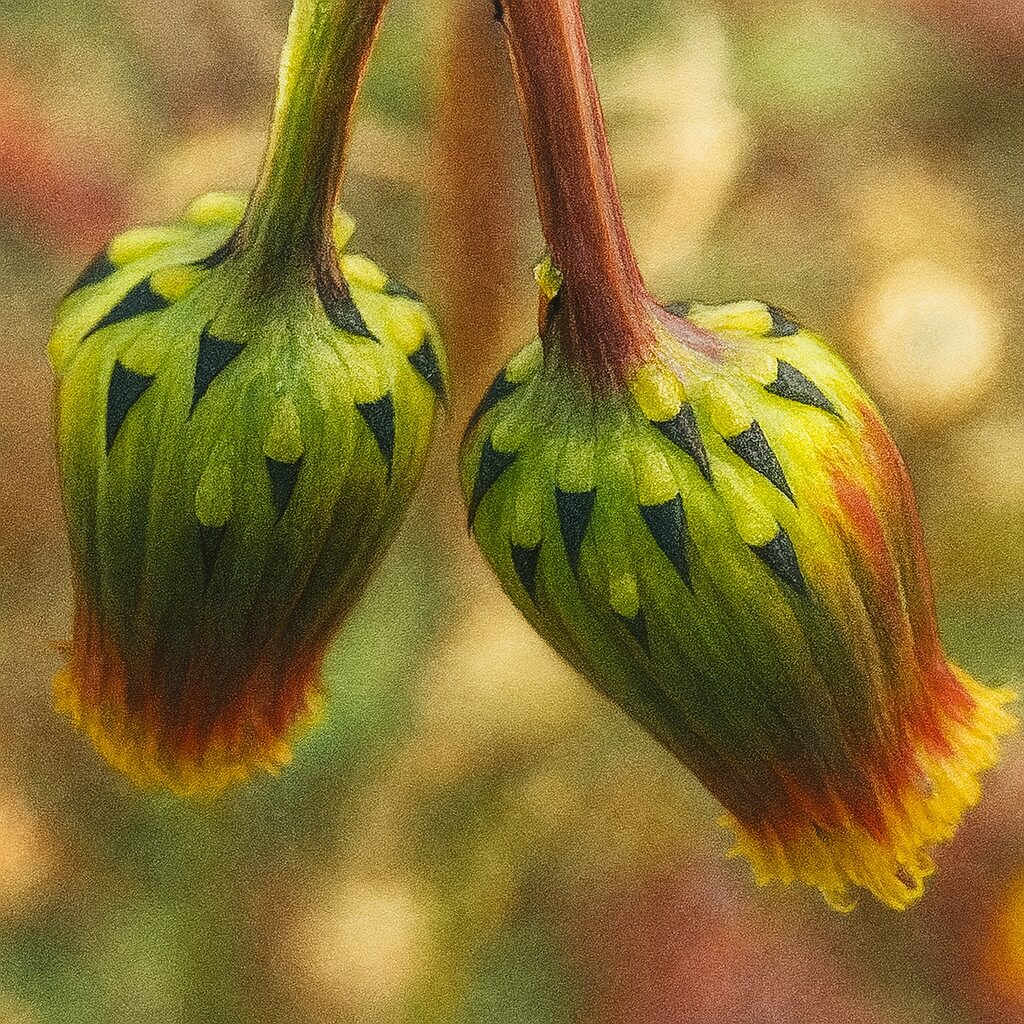 垂れた状態の2つのノボロギクのつぼみを描いたイラスト。特徴的な模様が鮮明。