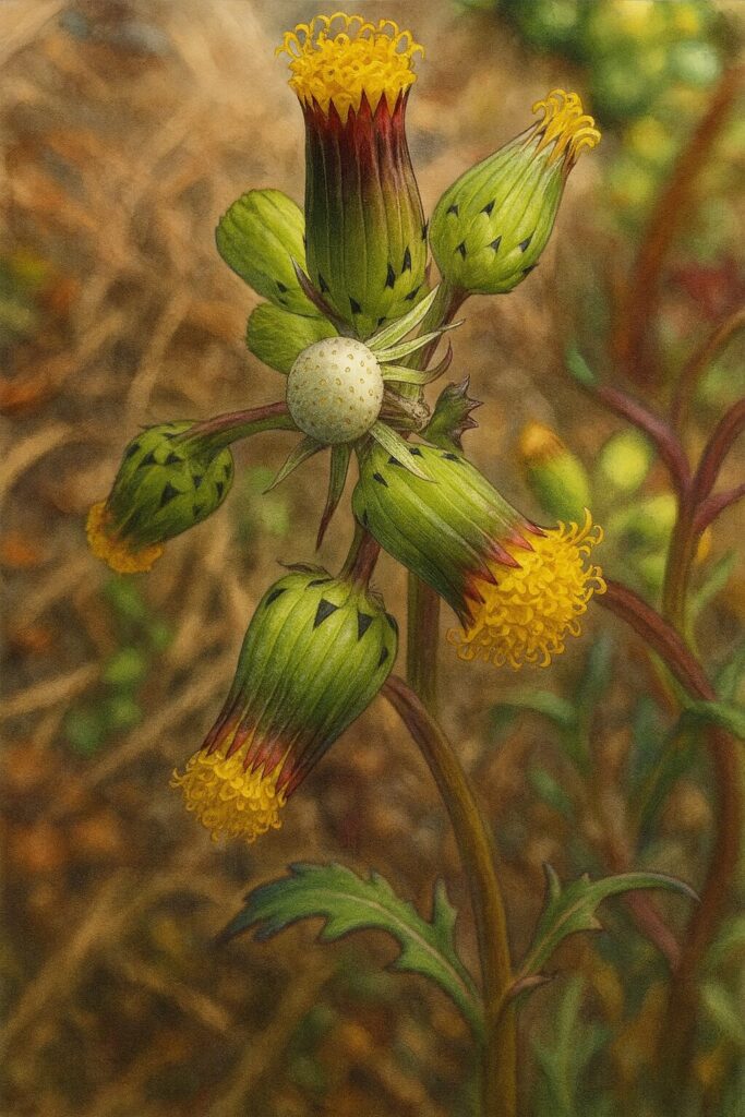 ノボロギクの花序全体を描いたイラスト。開花、つぼみ、花托がバランスよく配置。