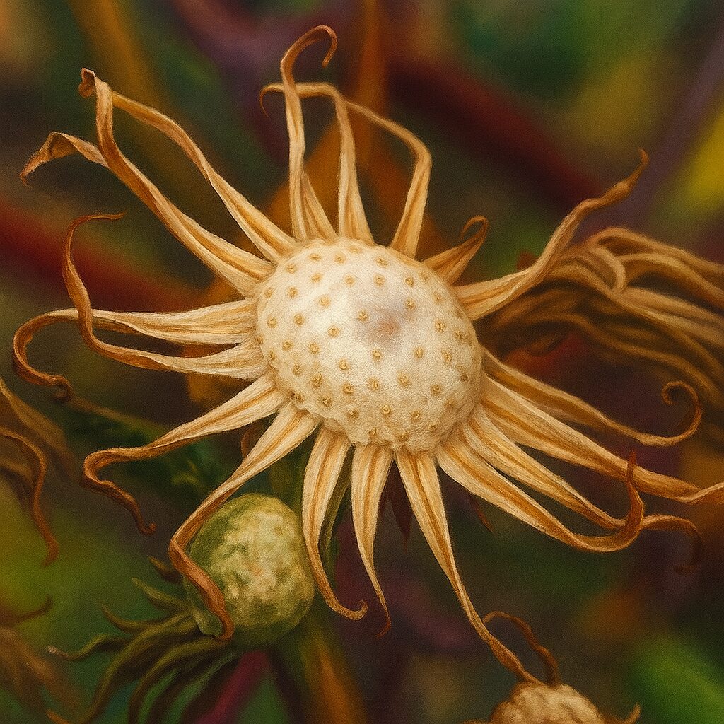 種が落ちた後のノボロギクの花托を正確に描いたイラスト。乾いた花弁が印象的。