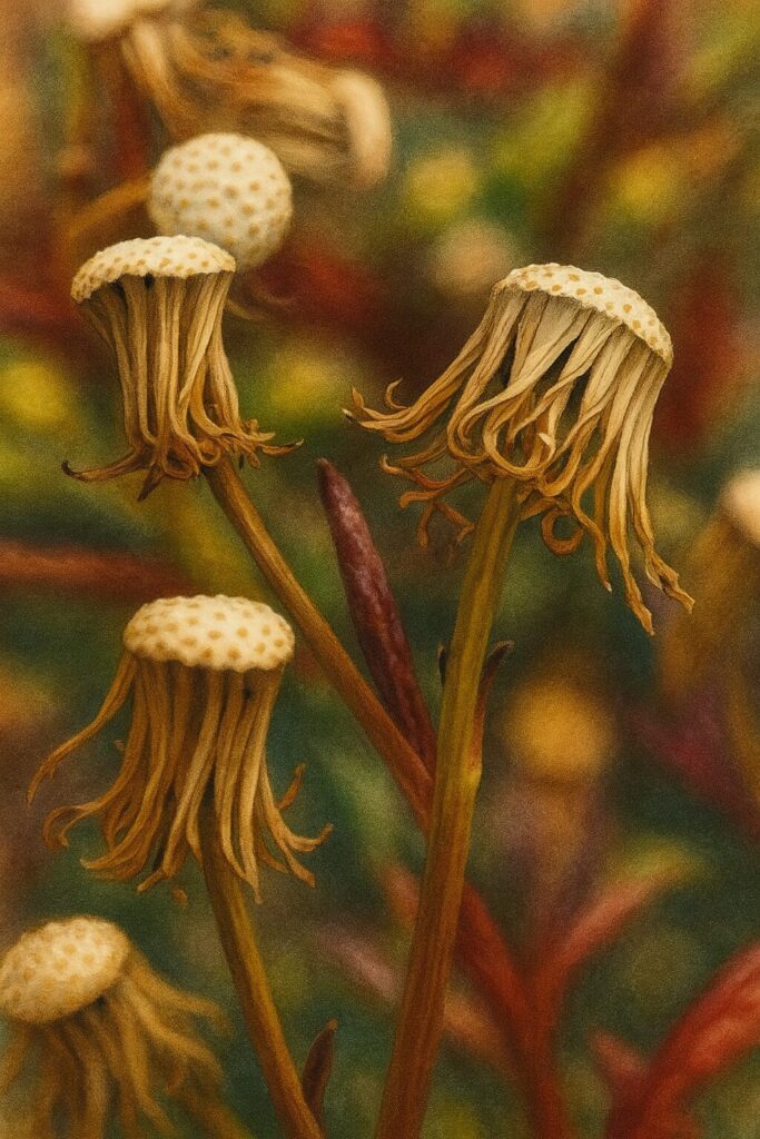 枯れたノボロギクの複数の花を詳細に描いたイラスト。自然の劣化美が表現されている。