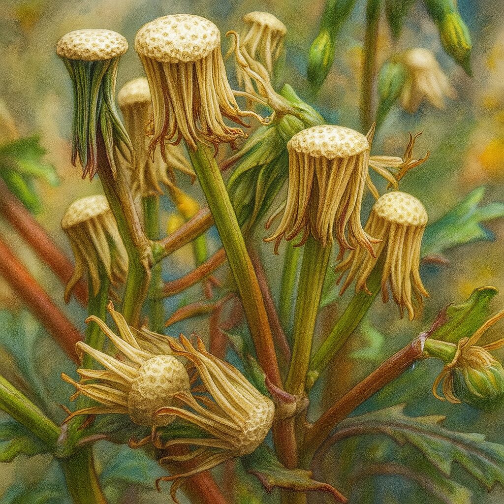 枯れたノボロギクの花が群生している様子を描いたイラスト。焦点が中央に集まっている。