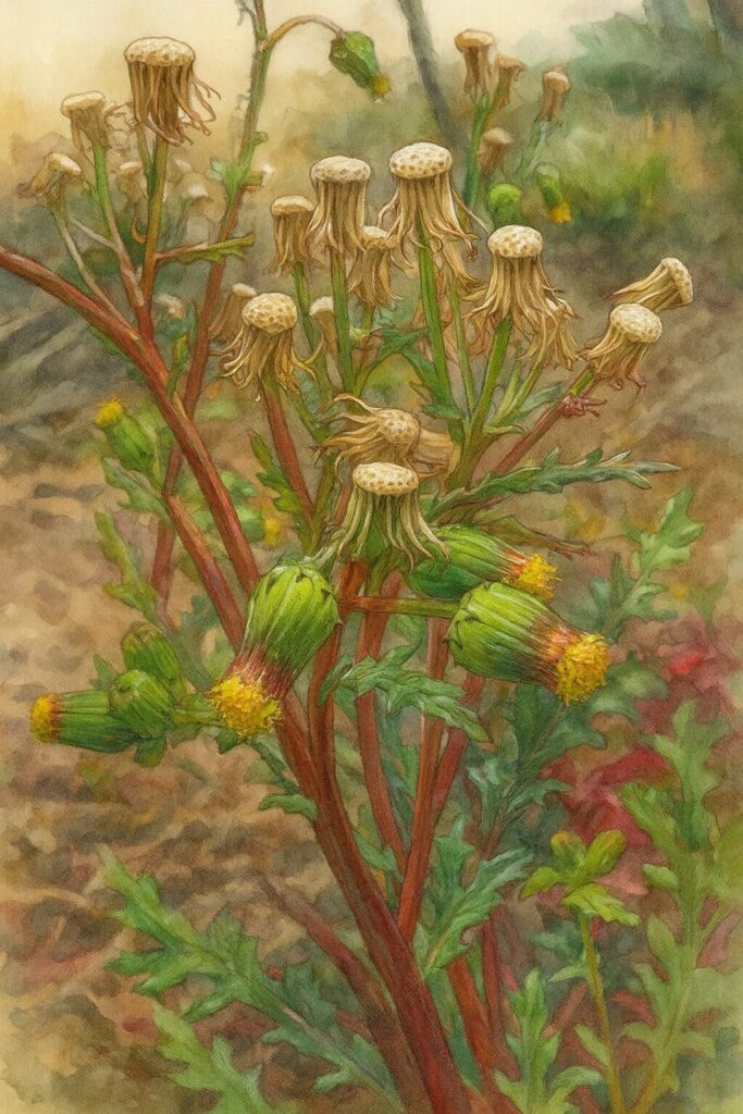 ノボロギクの成長段階を一枚で表現したイラスト。緑の茎と赤褐色の茎が混在。