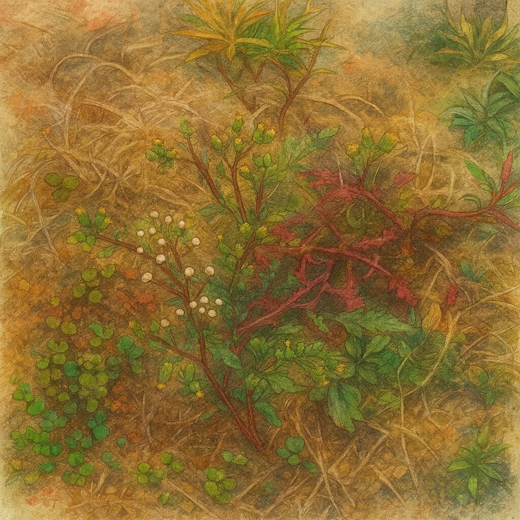 草地に生えるノボロギクを全体的に描いたイラスト。周囲の草とのコントラストがある。