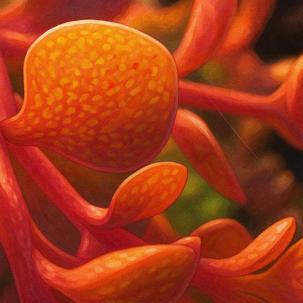 マクロ視点で描かれたオレンジ色のセダムの葉のイラスト