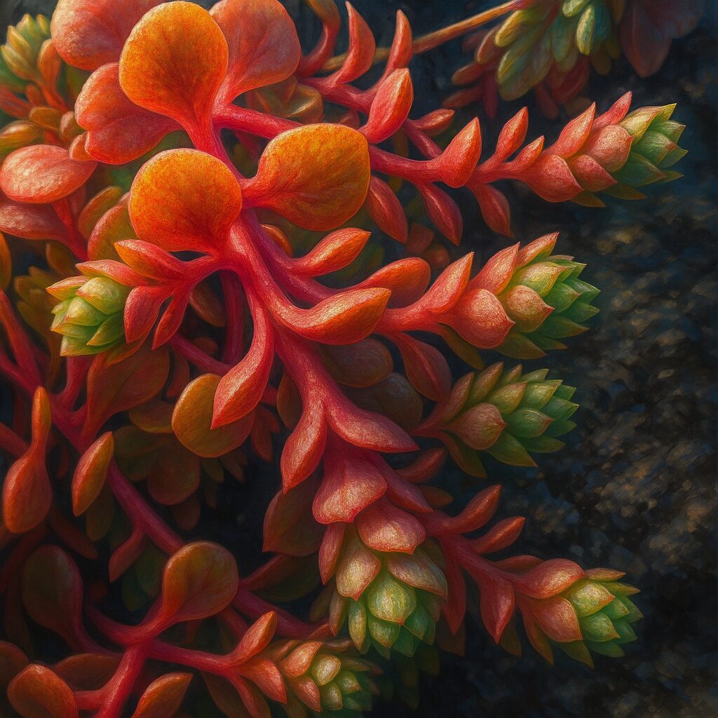 赤みがかったセダムの茎と葉を緻密に描いたイラスト