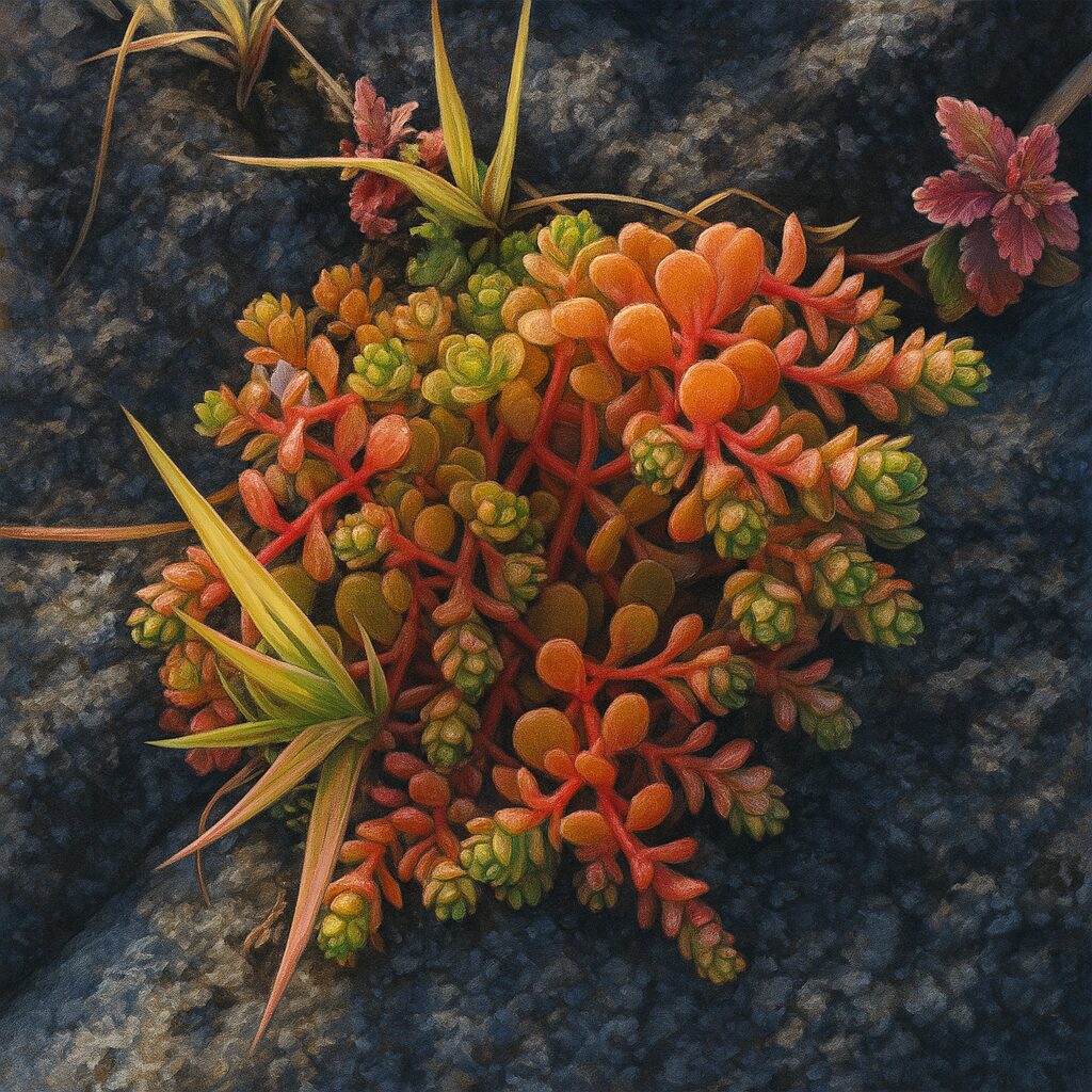 舗装のひび割れから生えるセダムと雑草を描いた自然風景イラスト