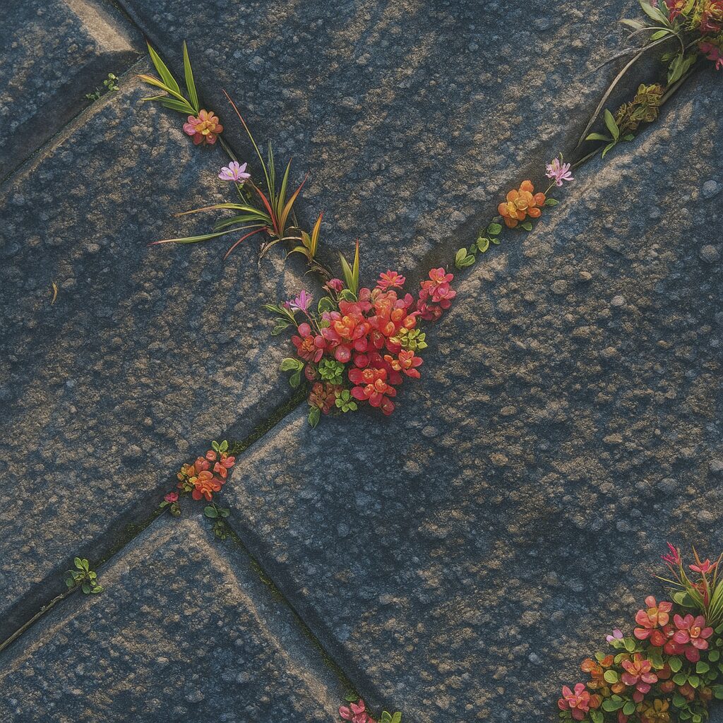 複数のセダムが石畳のすき間に広がる様子を描いた俯瞰構図の植物イラスト