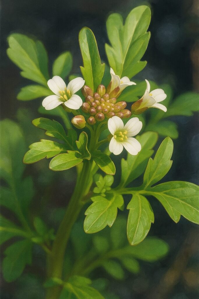 クレソンの開花と葉をリアルに表現した植物イラスト