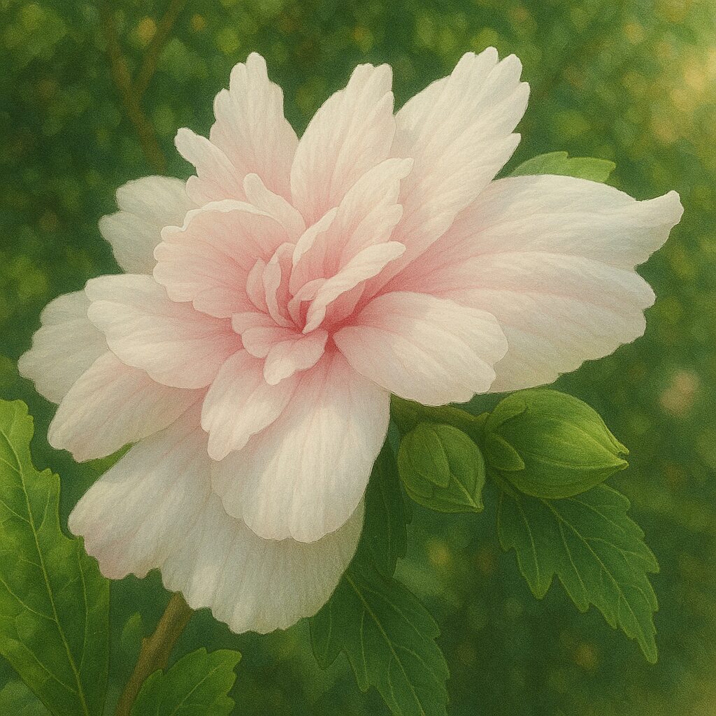 白と淡いピンクが混じるムクゲの花を斜めから描いたイラスト