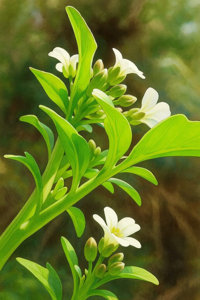 クレソンの茎と葉を下から見上げた視点の植物画