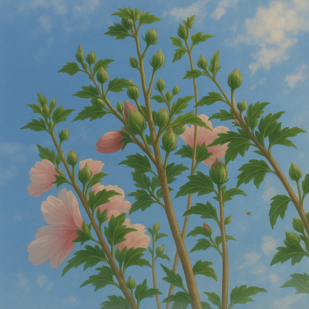 青空に向かって伸びるムクゲの花とつぼみを見上げる構図のイラスト