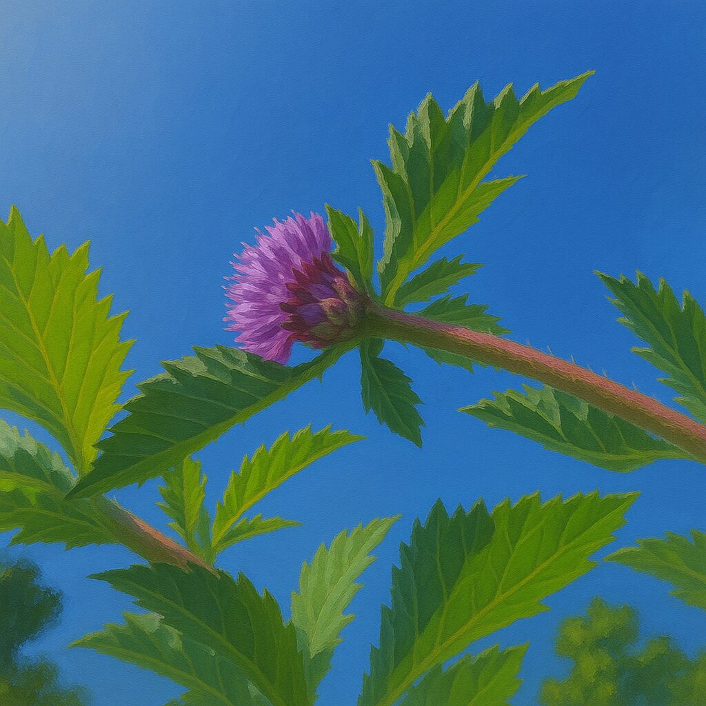 緑の葉と茎に支えられたムラサキルーシャンの横向きイラスト