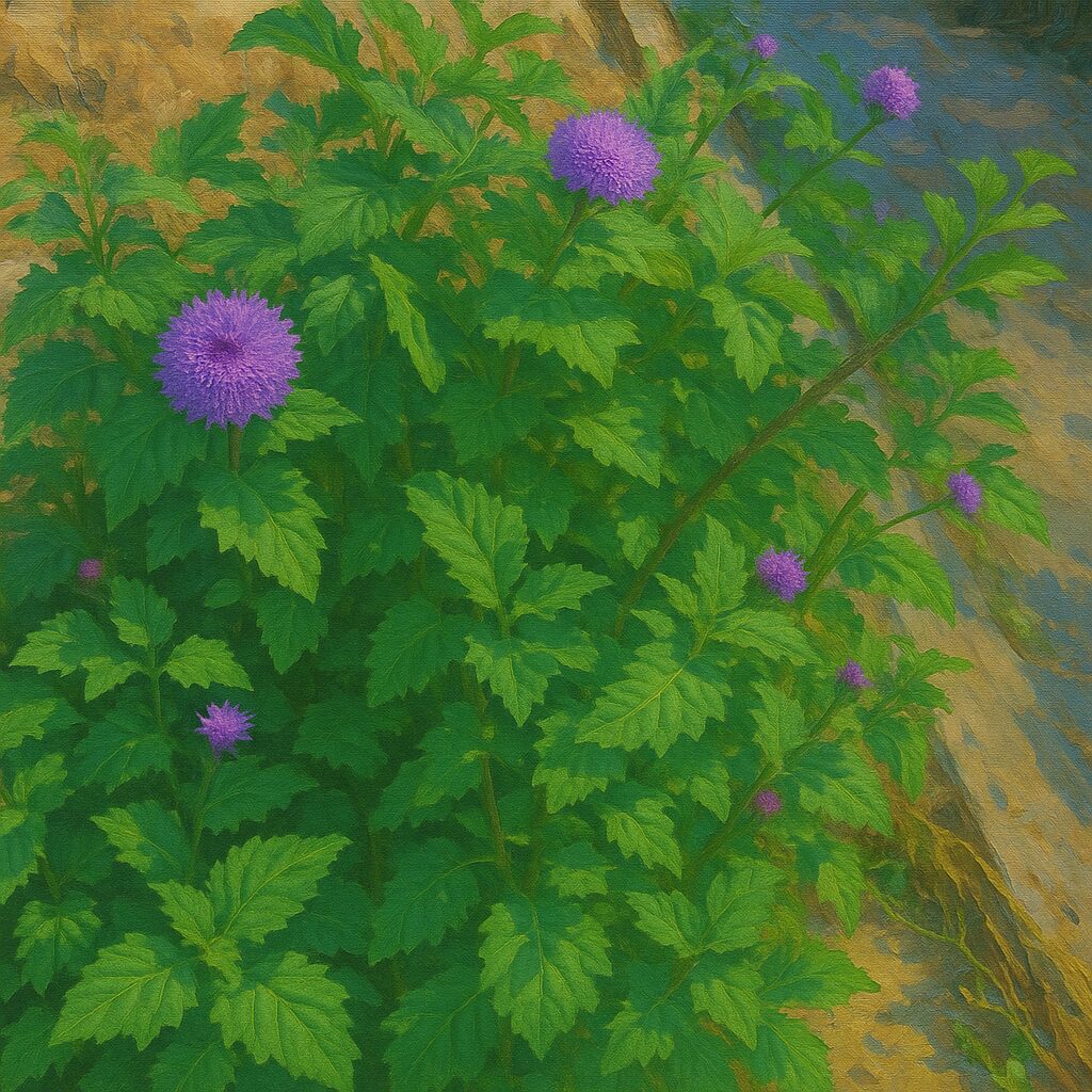 群生するムラサキルーシャンの草姿を描いたイラスト