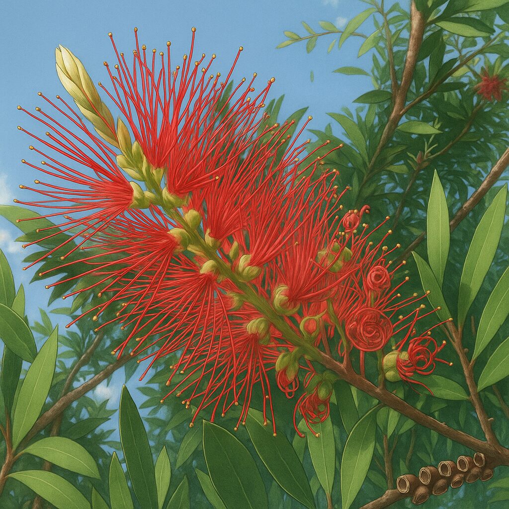 青空の下、ブラシノキ(Callistemon)の赤い花と白いつぼみが連なって咲いている様子。ブラシのような花姿が際立つ構図