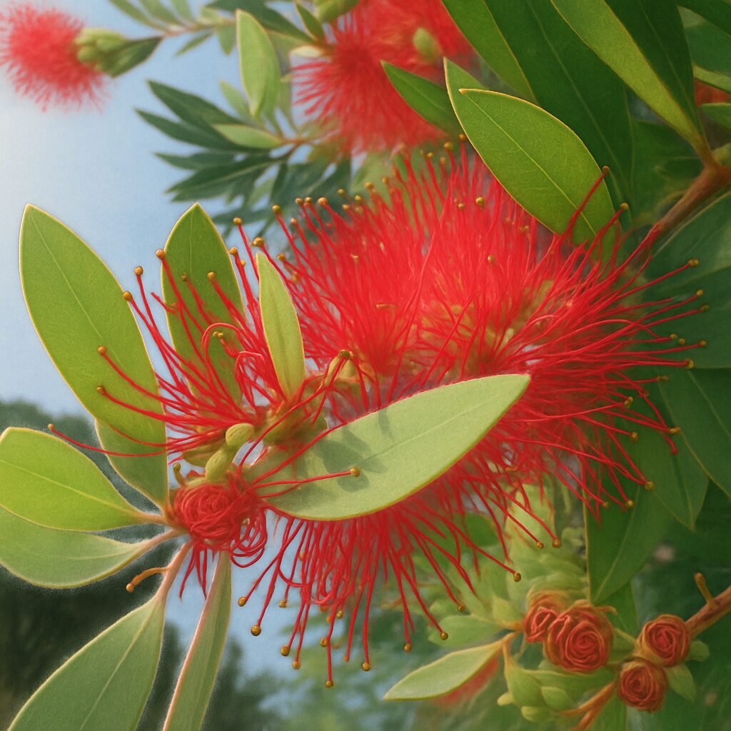 赤いブラシノキ(Callistemon)の花が多数咲く枝のクローズアップ。鮮やかな緑の葉と赤いおしべが美しく対比されている