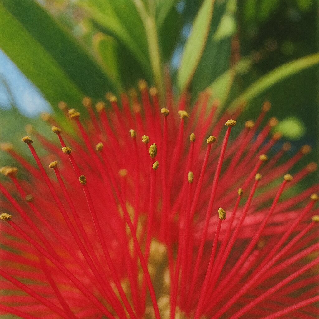 ブラシノキ(Callistemon)の赤いおしべの先端にピントを合わせたマクロ写真。背景にはぼかされた葉と青空が広がる