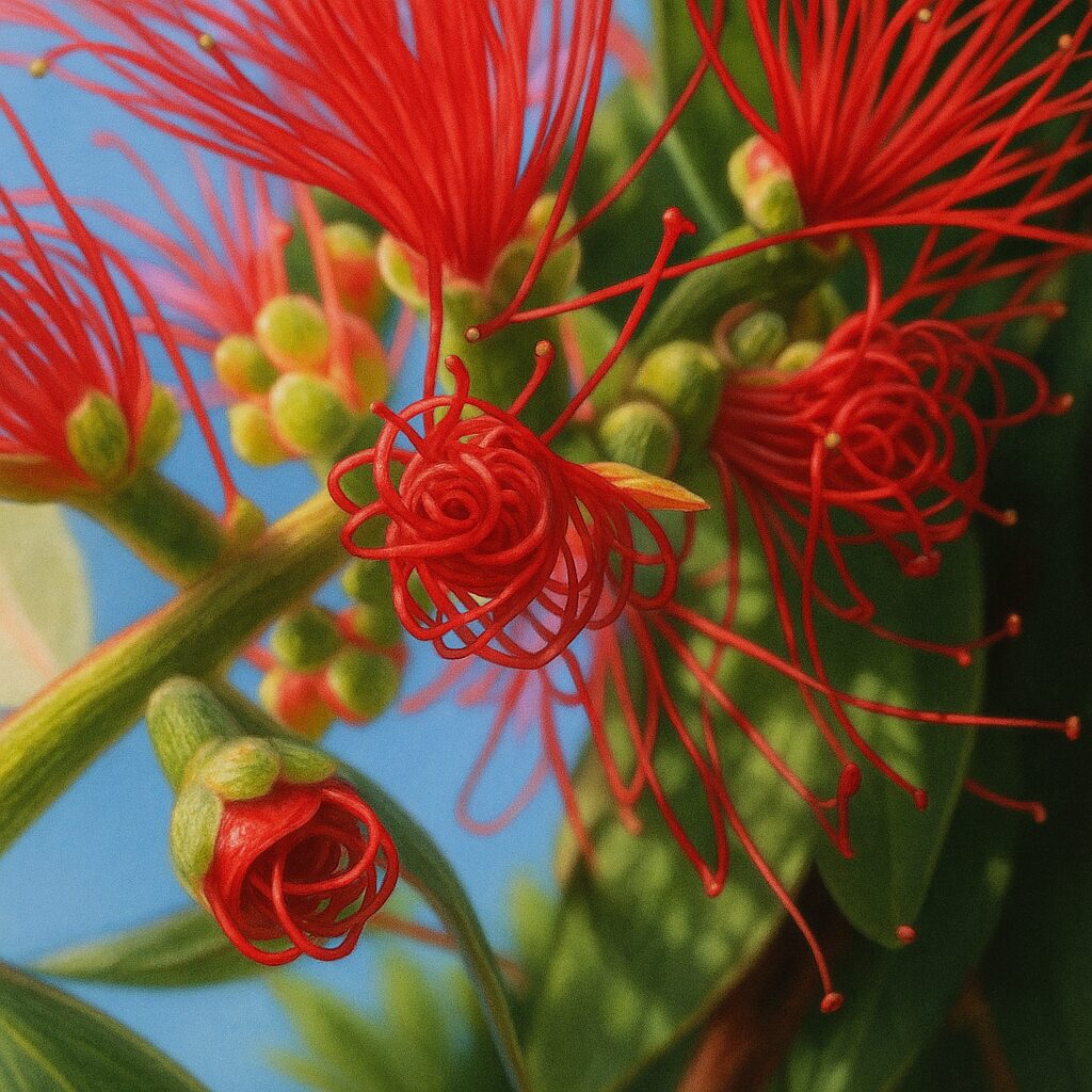 ブラシノキ(Callistemon)のつぼみが開き始めた様子の接写。赤い糸のようなおしべがほどけるように伸び始めている