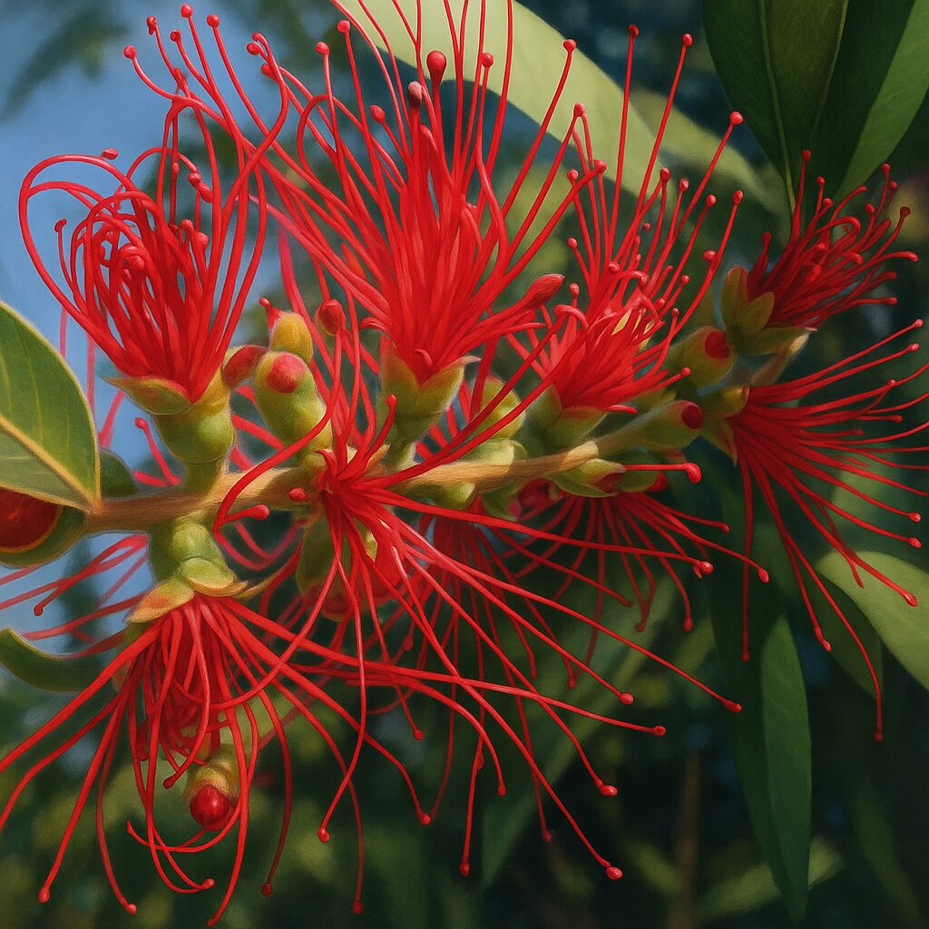 青空を背景に咲くブラシノキ(Callistemon)の赤い花のクローズアップ。細長いおしべが放射状に広がる特徴的な花姿が美しく描かれている