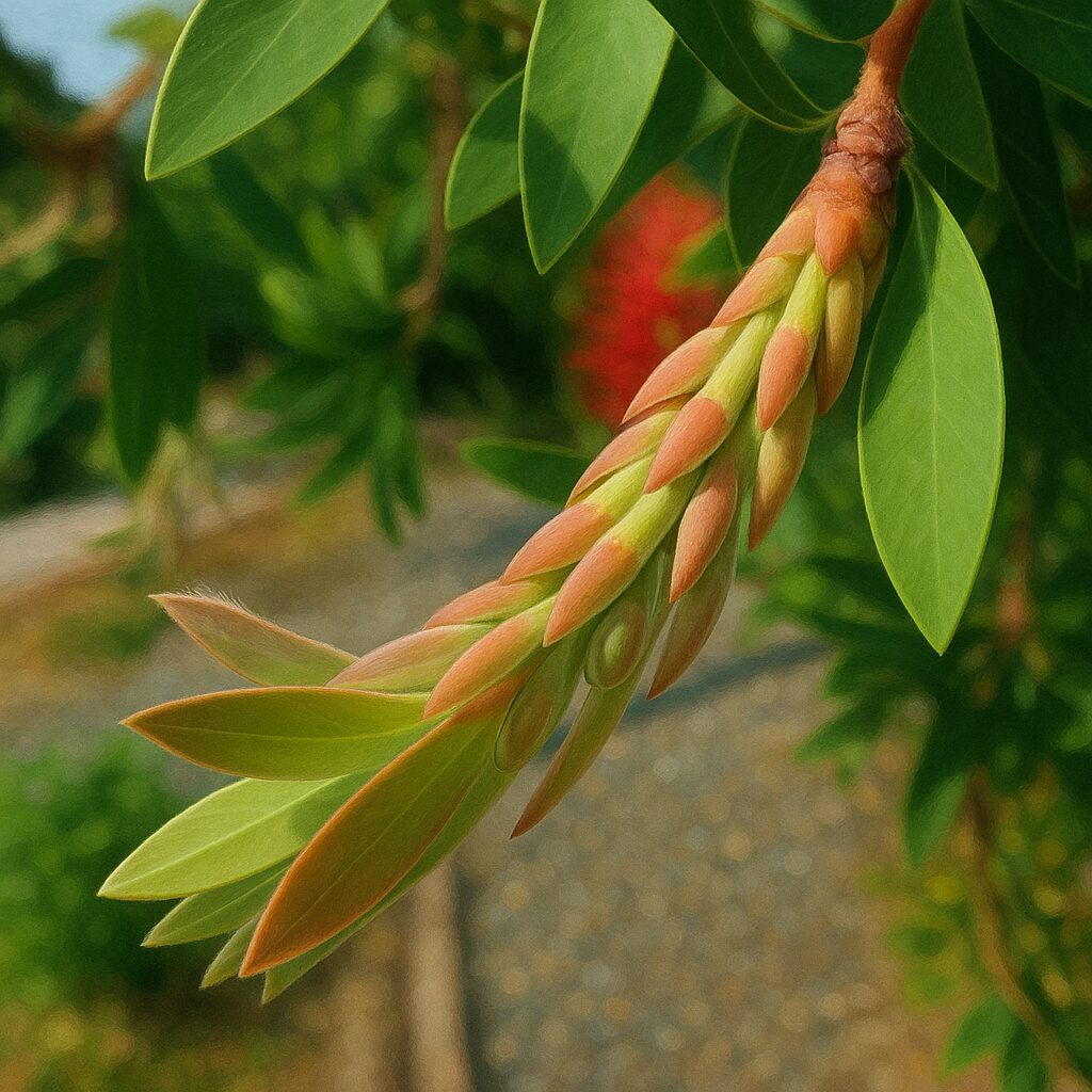 ブラシノキ(Callistemon)の若い花芽のクローズアップ。淡い緑と赤みを帯びた蕾が細長く重なり合い、背景にはぼかされた葉と開花中の赤い花が見える